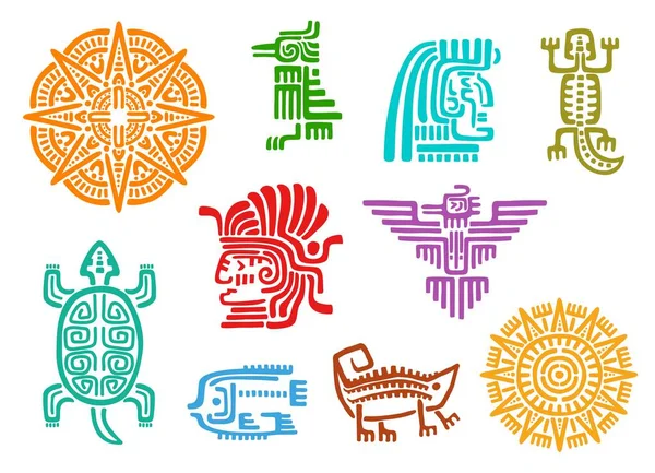Mayan Aztec Totems Vector Animal Bird Sun God Tribal Ethnic — Stock Vector