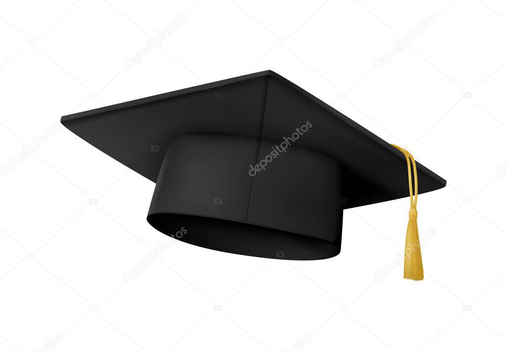 Graduate cap hat with tassel. University or student academic cap, realistic isolated vector. Graduate student hat or college degree black square hat with golden tassel, college diploma graduation