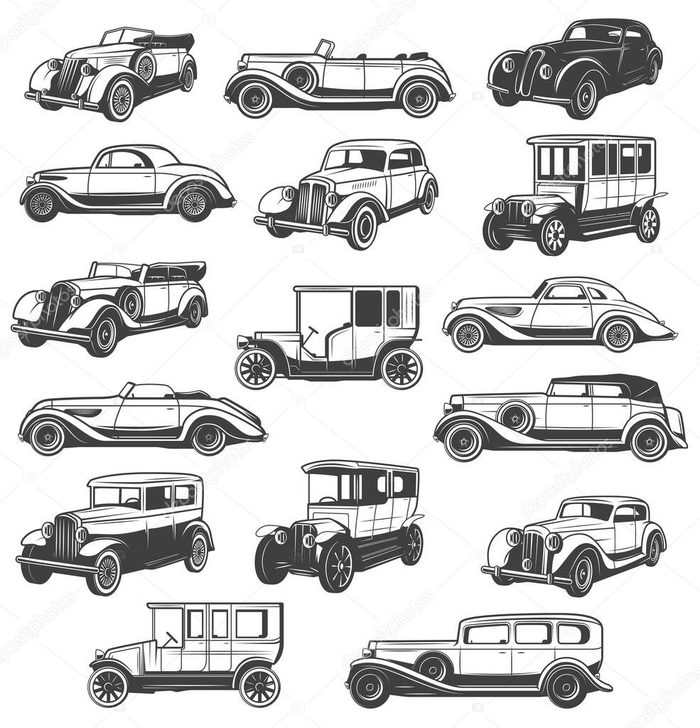 Historic cars, vintage automobiles icons set. Retro limousine, luxury sedan and cabriolet coupe black and white vectors. Retro vehicles models, exotic cars and antique auto collection