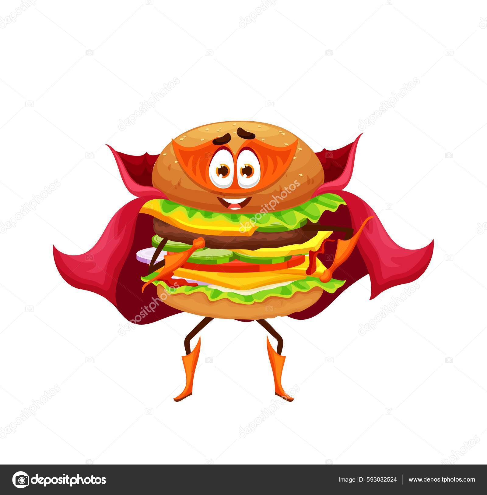 Cartoon Cheeseburger Superhero Character Fast Food Takeaway Burger.