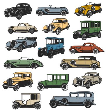 Retro cars icon. Classic coupe, luxury cabriolet and convertible limousine, antique coach sedan isolated vectors. Vintage automobiles, historical and rare retro vehicles icons collection clipart