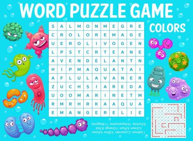 Çizgi film virüsleri, patojenler, mikroplar ve mikroplar kelime arama bulmaca çalışma tablosu, çocuk bilgi yarışması şebekesi. Kare alanda Latince harfleri olan çocuklar için vektör bulmaca çözücü, İngilizce kelimeler bul