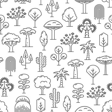 Tropical trees seamless pattern with outline exotic plants of jungle forest, beach, desert and rainforest. Vector background of palms, saguaro cactuses, baobabs and monstera, yucca and dragon trees