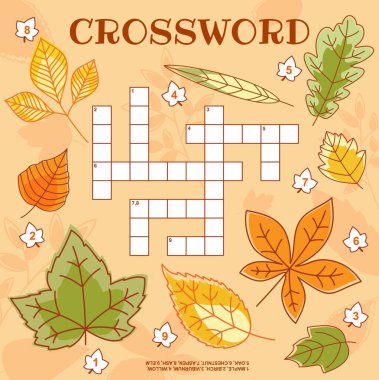 Autumn tree leaves crossword grid worksheet, find a word quiz game. Vector search puzzle for children leisure with cartoon maple, chestnut, birch, viburnum, oak, aspen, elm, ash and willow fallen leaf