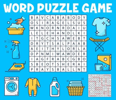 Yıkama ve temizleme kelime arama yapboz çalışma tablosu, vektör çocuklar test ızgarası. Çamaşır makinesi, çamaşır makinesi, deterjan tozu ve el yıkama sepetinin sözcüklerini bulmak için bir bilmece oyunu