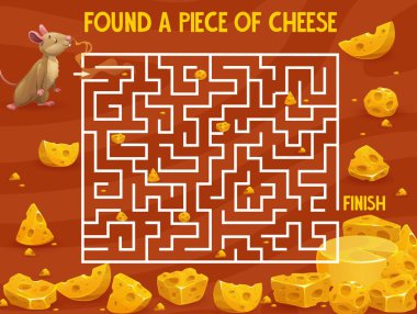 Cartoon mouse and cheese, labyrinth maze game to find way or escape, vector tabletop worksheet. Kids labyrinth maze puzzle to help mouse to find way to cheese food, lumps of edam or emmental head