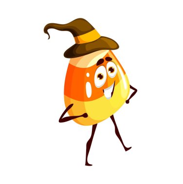 Cadılar Bayramı çizgi filminde cadı şapkası içinde mısır şekeri. Kolları akimbo olan komik bir vektör. İzole tatil pastası kişiliği, gülen yüzlü karamel şekerlemesi. Çocuklar şeker mi şaka mı tatlısı mı?