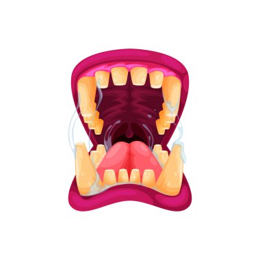 Cadılar Bayramı korku bayramı dudakları sivri dişleri, Dracula vampir korkunç gülümsemesi tükürük izole çizgi film ağzıyla. Ürkütücü canavarın pembe dilli korkunç sarı dişleri canavar zombi