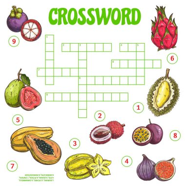 Tropik ham meyve bulmacası çalışma tablosu, bir kelime vektör testi oyunu bul. İçinde egzotik böğürtlen isimleri olan çapraz bulmaca. Kareler bilmecesini yalıtılmış papaya, lychee, durian, incir ve maracuya ile doldur.