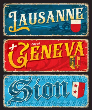 Lozan, Cenevre, Sion, İsviçre şehir plakaları, seyahat etiketleri, vektör kutusu işaretleri. İsviçre kentleri bagaj etiketleri ve İsviçre kanton amblemleri ve sloganlarıyla seyahat eden grunge plakaları