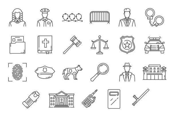 Justice Legal Service Police Court Law Lawyer Outline Icons Isolated — Stockvektor