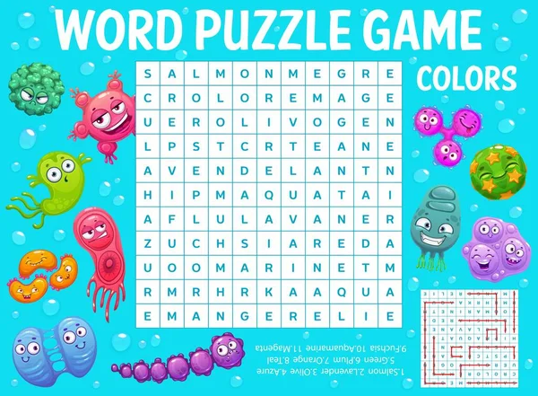 Cartoon Viruses Pathogens Microbes Germs Word Search Puzzle Game Worksheet — Vettoriale Stock
