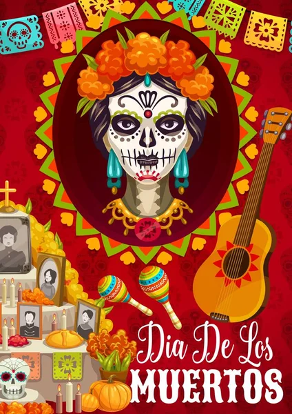 Mexican Day Dead Dia Los Muertos Flyer Poster Vector Holiday — Stock vektor