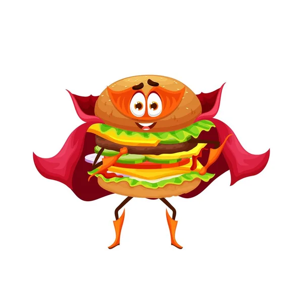 Cartoon Cheeseburger Superhero Character Fast Food Takeaway Burger Sandwich Cheese — 스톡 벡터