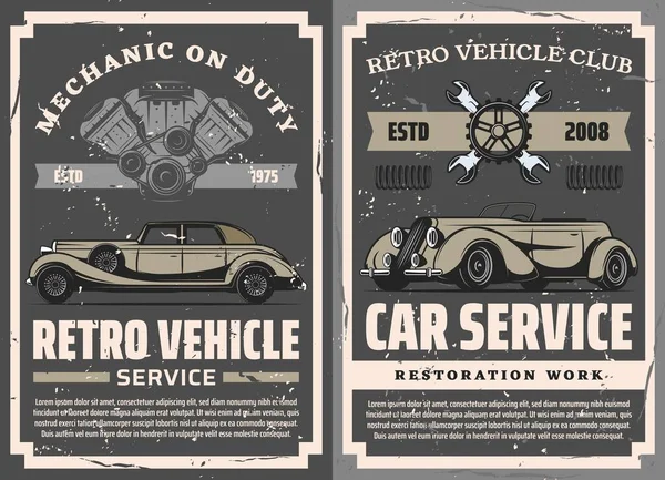 Retro Vehicles Repair Service Poster Vintage Classic Automobiles Restoration Club — Vettoriale Stock