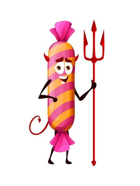 Cartoon Halloween Devil Candy Trident Vector Imp Sweets Character Horns — Stok Vektör