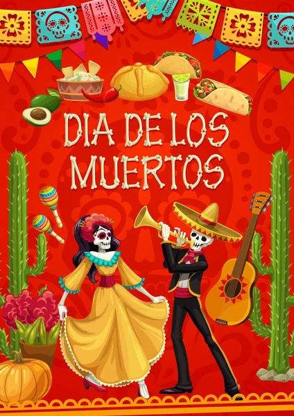 Dia Los Muertos Holiday Poster Mexican Catrina Mariachi Characters Vector — 图库矢量图片