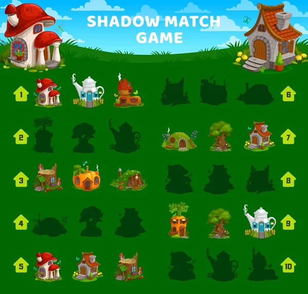 Shadow Match Game Vector Worksheet Cartoon Gnome Elf Houses Dwellings — Archivo Imágenes Vectoriales