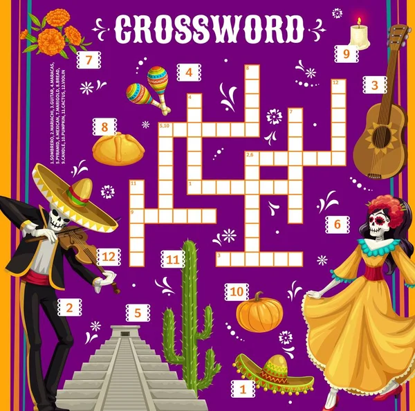 Dia Los Muertos Day Dead Mexican Holiday Crossword Puzzle Worksheet — ストックベクタ