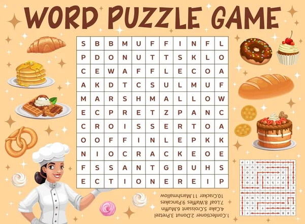 Bread Desserts Bakery Word Search Puzzle Game Worksheet Kids Quiz — Vetor de Stock