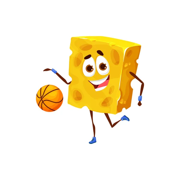 Cartoon Piece Cheese Personage Playing Basketball Vector Food Sport Funny — Archivo Imágenes Vectoriales