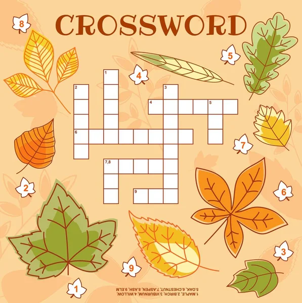 Autumn Tree Leaves Crossword Grid Worksheet Find Word Quiz Game — 图库矢量图片