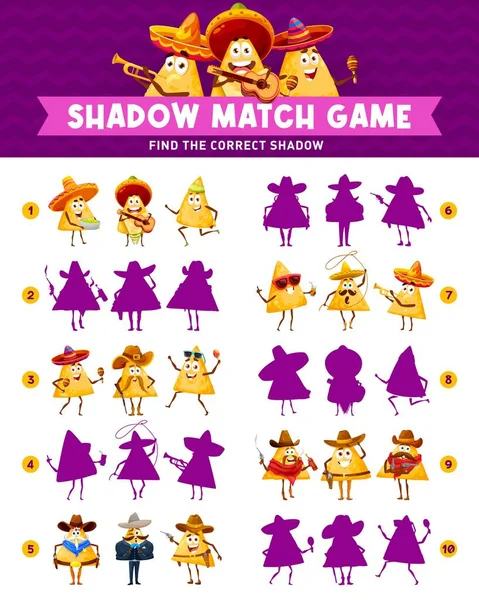 Funny Mexican Nachos Chips Characters Shadow Match Game Worksheet Vector — Vettoriale Stock