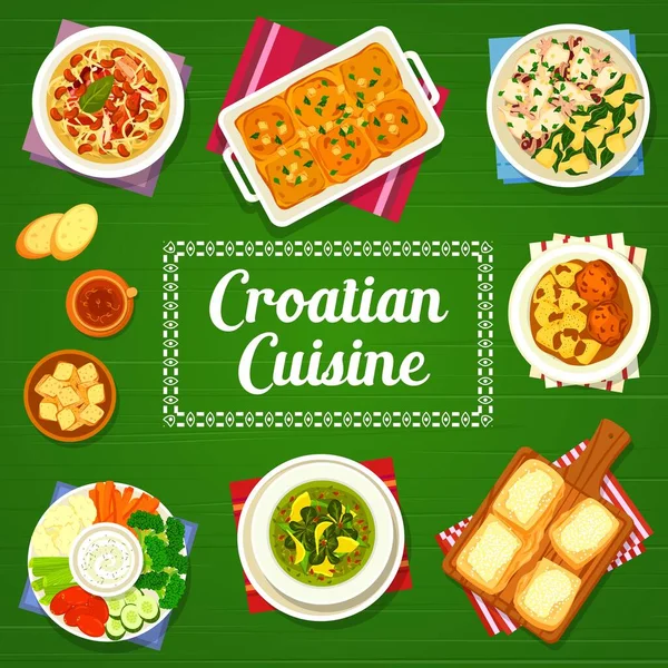 Croatian Cuisine Menu Cover Food Dishes Meals Vector Restaurant Poster — Stock Vector