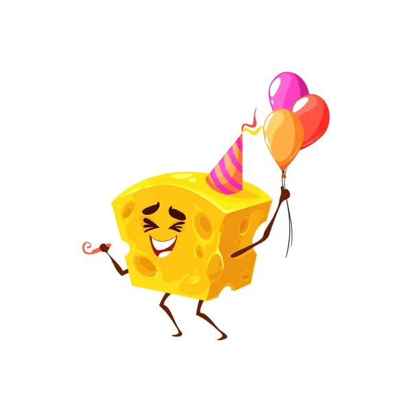 Cartoon Cheese Celebrating Birthday Holiday Party Balloons Vector Kids Food — Archivo Imágenes Vectoriales