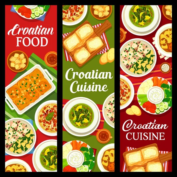 Croatian Cuisine Banners Food Dishes Meals Vector Restaurant Menu Croatia — Stockvektor