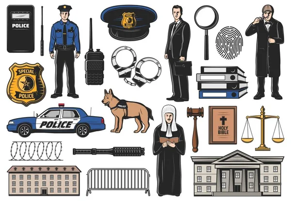 Law Enforcement Service Court Justice Icons Policeman Judge Lawyer Detective — Vettoriale Stock