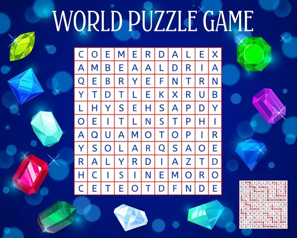 Gems Jewels Crystals Word Search Puzzle Game Worksheet Kids Quiz — Vettoriale Stock