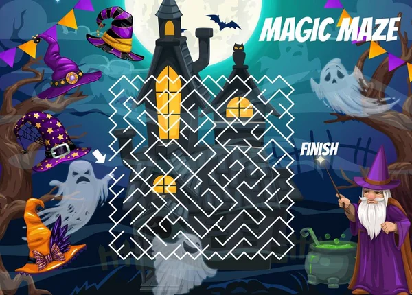 Halloween Labyrinth Maze Game Witch Hat Dark Castle Wizard Vector — Stok Vektör