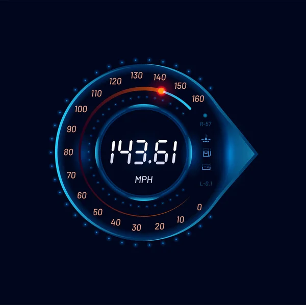 Futuristic Car Speedometer Digital Gauge Dial Auto Speedometer Neon Vector — Stock Vector