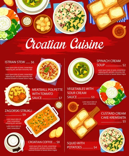 Horvát Ételmenü Ételekkel Ebéd Vacsora Éttermi Ételekkel Vektorplakát Horvátországi Konyha — Stock Vector