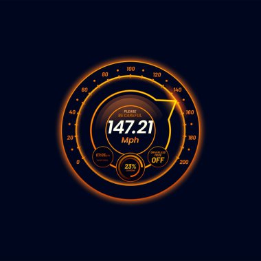 Araba fütüristik hız göstergesi neon çevirmeli neon ölçeği. Otomobil veya motosiklet hız sayacı, otomatik konsol vektör göstergesi veya parlayan turuncu neon ok ve MPH bilgisi ile takometre göstergesi