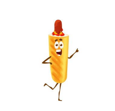 Amerikan Corndog çizgi film karakteri, mısırlı sosis kişiliği. Komik vektör fast food, sosisli sokak abur cuburu sosis, hardal ya da ketçap. Bistro, paket servis restoranı, kafe yemeği izole tasarım elementi