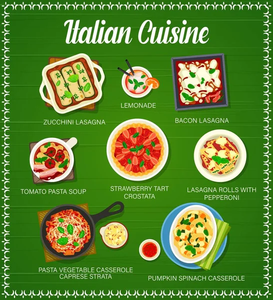 Italian Cuisine Food Menu Pasta Lasagna Casserole Italy Restaurant Dishes — Stockvektor