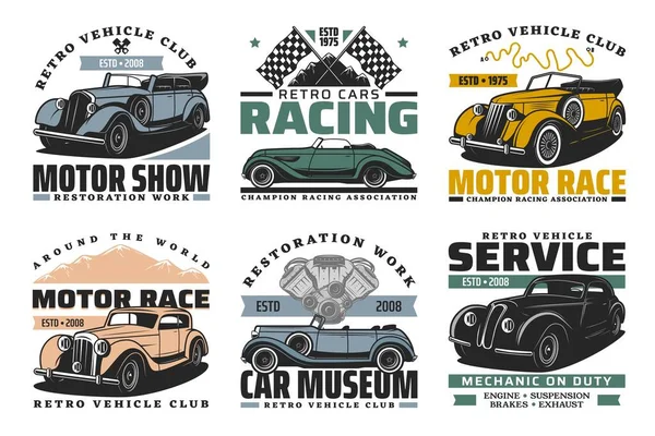 Classic Automobiles Motor Show Retro Cars Race Icons Set Vintage — Archivo Imágenes Vectoriales