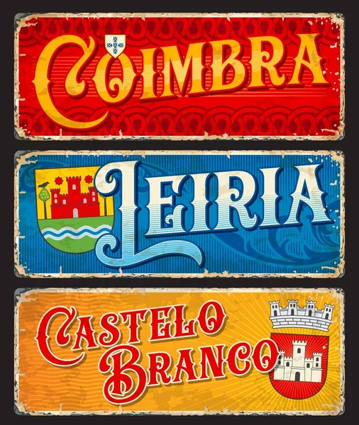 Leiria Castelo Branco Coimbra Portuguese Travel Sticker Labels Vector Vintage — 스톡 벡터