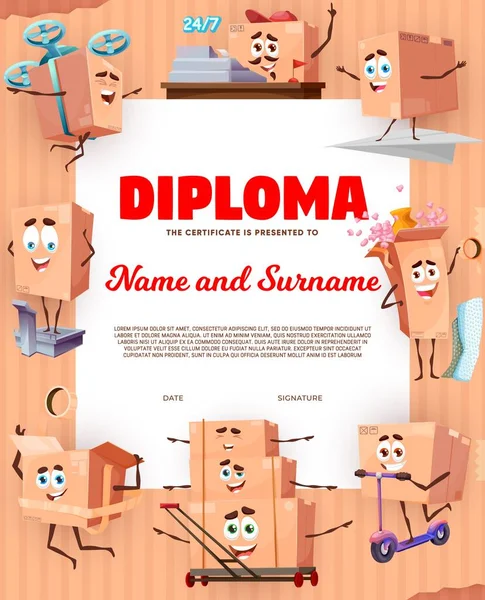 Kids Diploma Shipping Delivery Service Cartoon Package Box Characters Vector — стоковый вектор