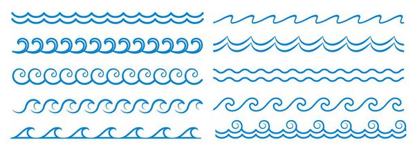 Sea wave line, blue water pattern borders and frames, vector ocean surf ripples. Wave and wavy line separators with tide ripples, zigzag curves and curls, linear boarders and frames or borders