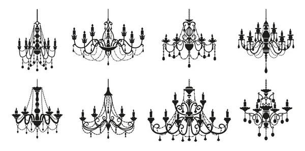 Chandelier Silhouettes Crystal Lamp Lights Baroque Candelabra Candlesticks Vector Icons — Stok Vektör