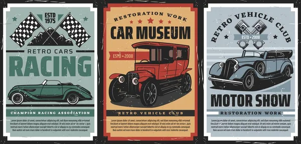 Retro Cars Racing Museum Motor Show Posters Vehicles History Exhibition — Stock Vector