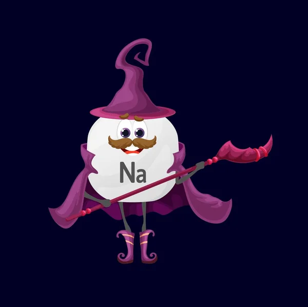 Cartoon Sodium Natrium Micronutrient Mage Character Isolated Happy Vector Wizard — Stockový vektor