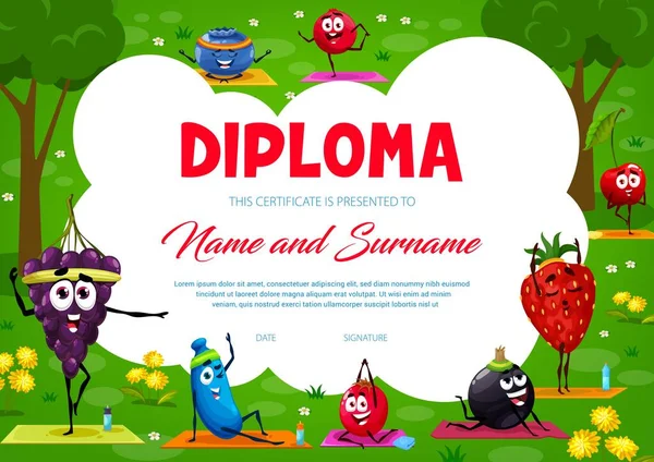 Kids Diploma Cartoon Berry Characters Yoga Fitness Vector Certificate Honeyberry — Archivo Imágenes Vectoriales