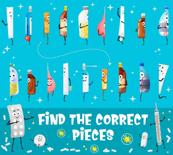 Find Correct Pieces Game Worksheet Cartoon Drugs Pills Medication Characters —  Vetores de Stock