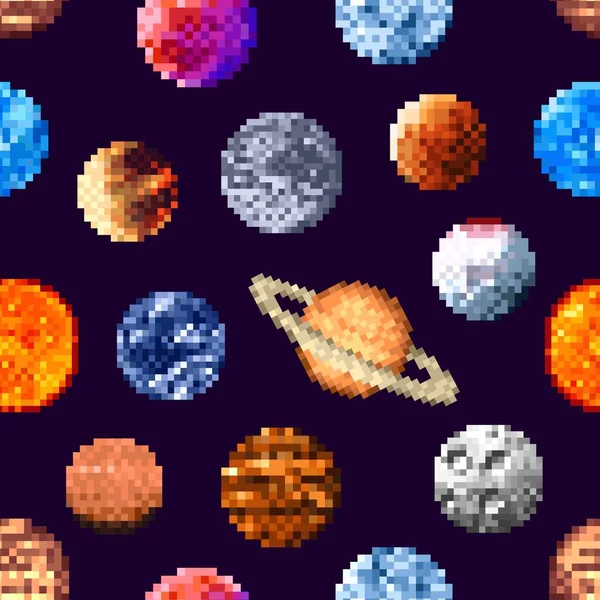 8Bit Pixel Art Space Planets Stars Seamless Pattern Vector Background — Stockový vektor