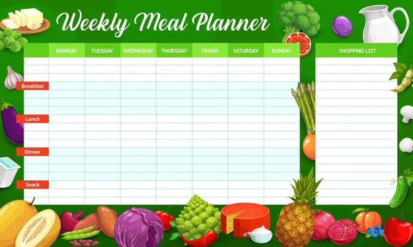 Cartoon Fruits Vegetables Weekly Meal Planner Schedule Organizer Check List — Vettoriale Stock