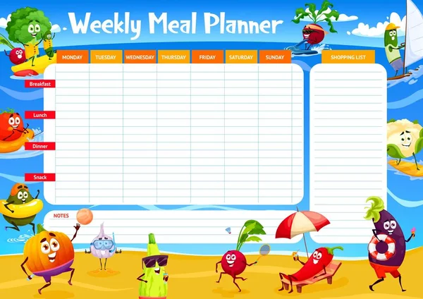 Cartoon Cheerful Vegetables Summer Beach Vacations Vector Weekly Meal Planner — Wektor stockowy